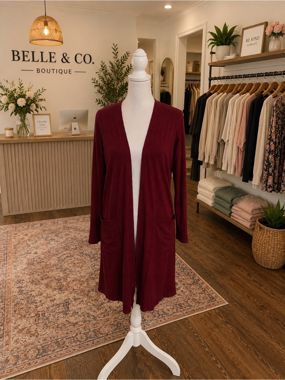 Red Blakeley Ribbed Open Front Duster Cardigan S/M Pockets Stretch Preloved